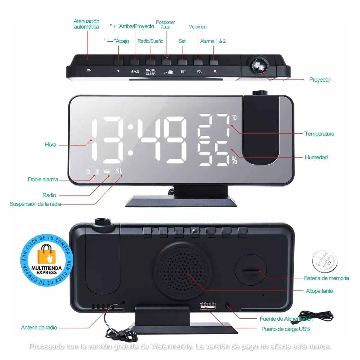 Reloj Despertador de Proyección Radio FM/Puerto de Carga USB