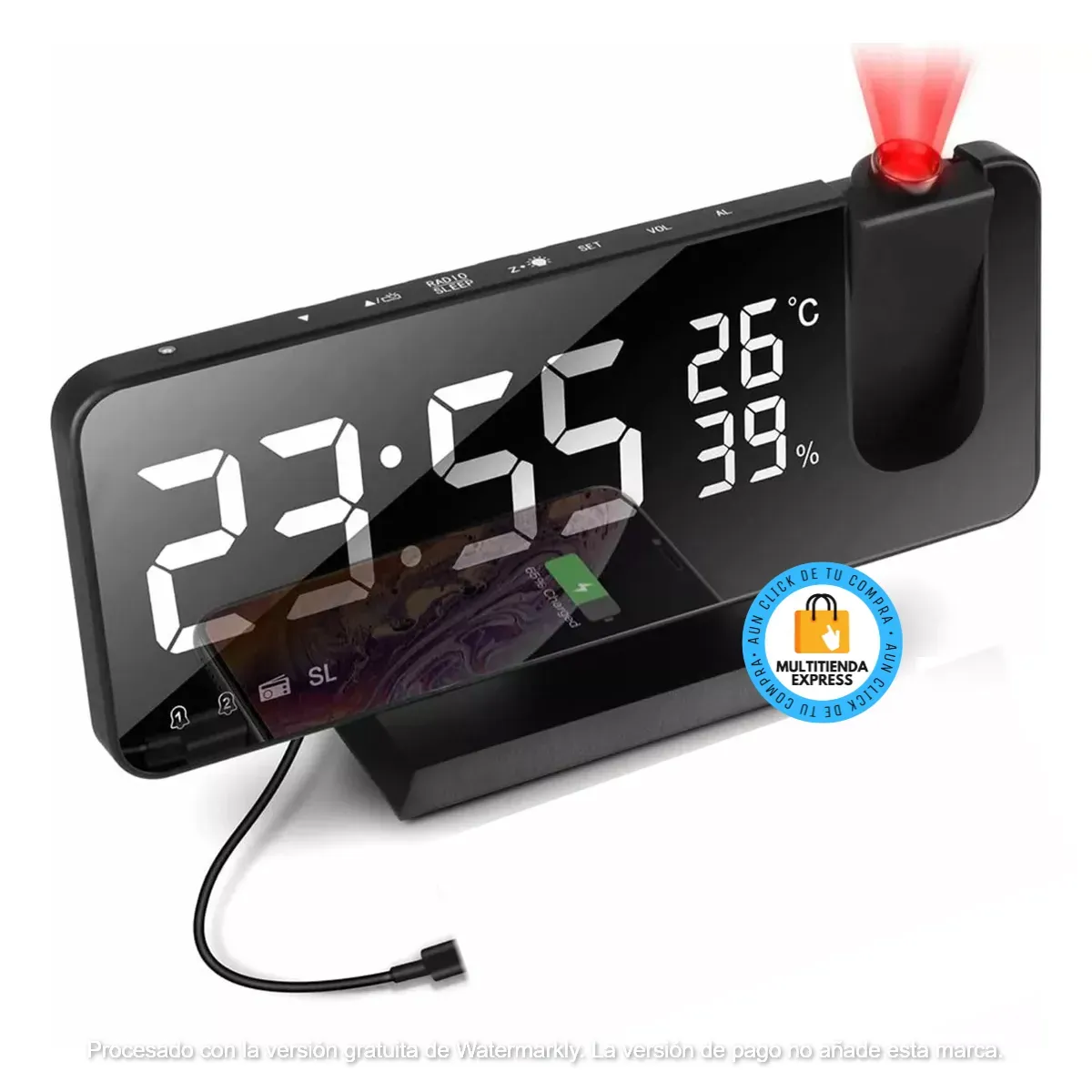 Reloj Despertador de Proyección Radio FM/Puerto de Carga USB