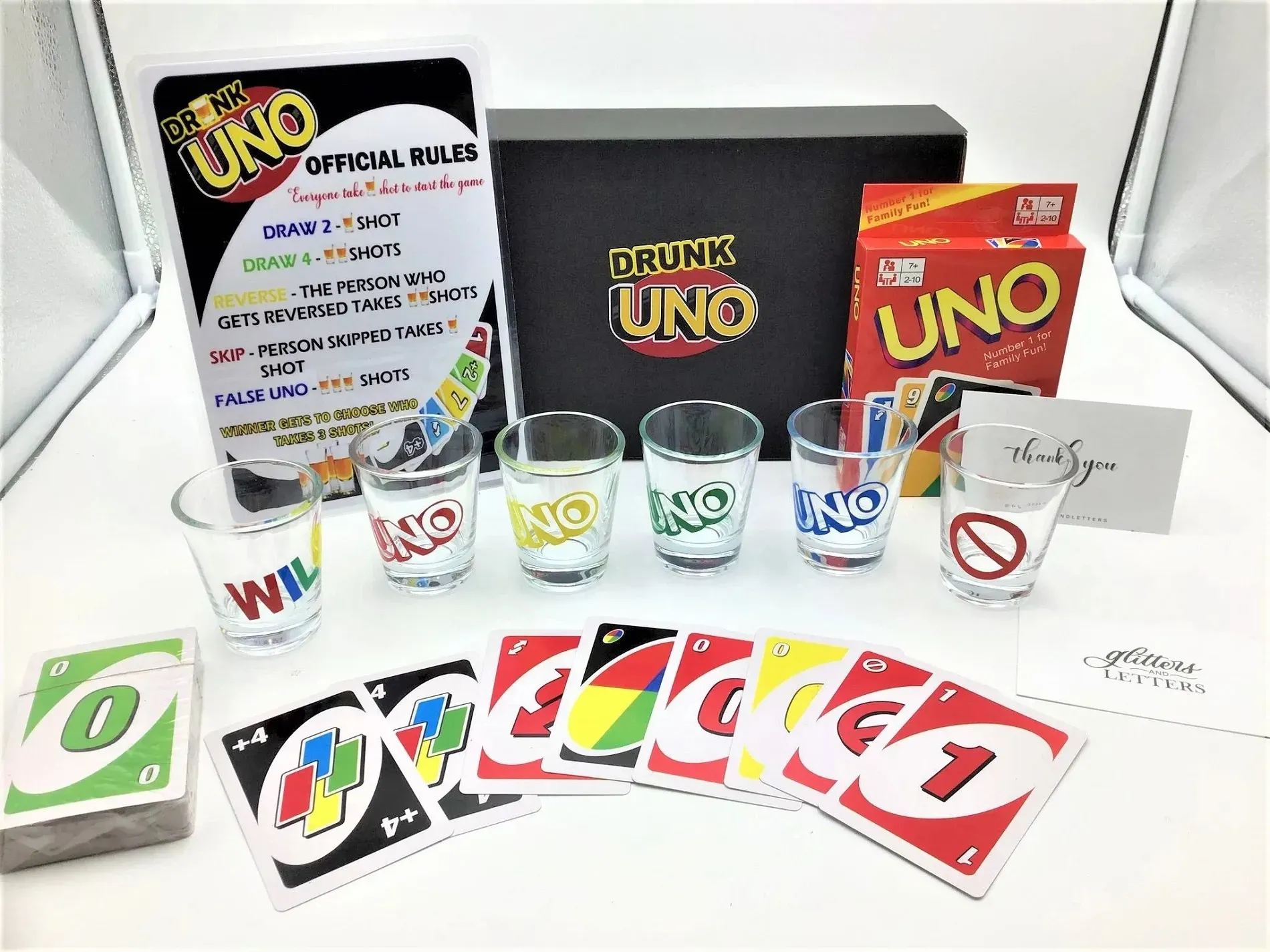 Juego De Cartas Uno Drink + 4 Vasos Para Shot