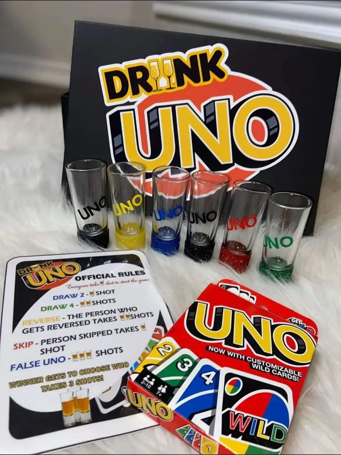 Juego De Cartas Uno Drink + 4 Vasos Para Shot