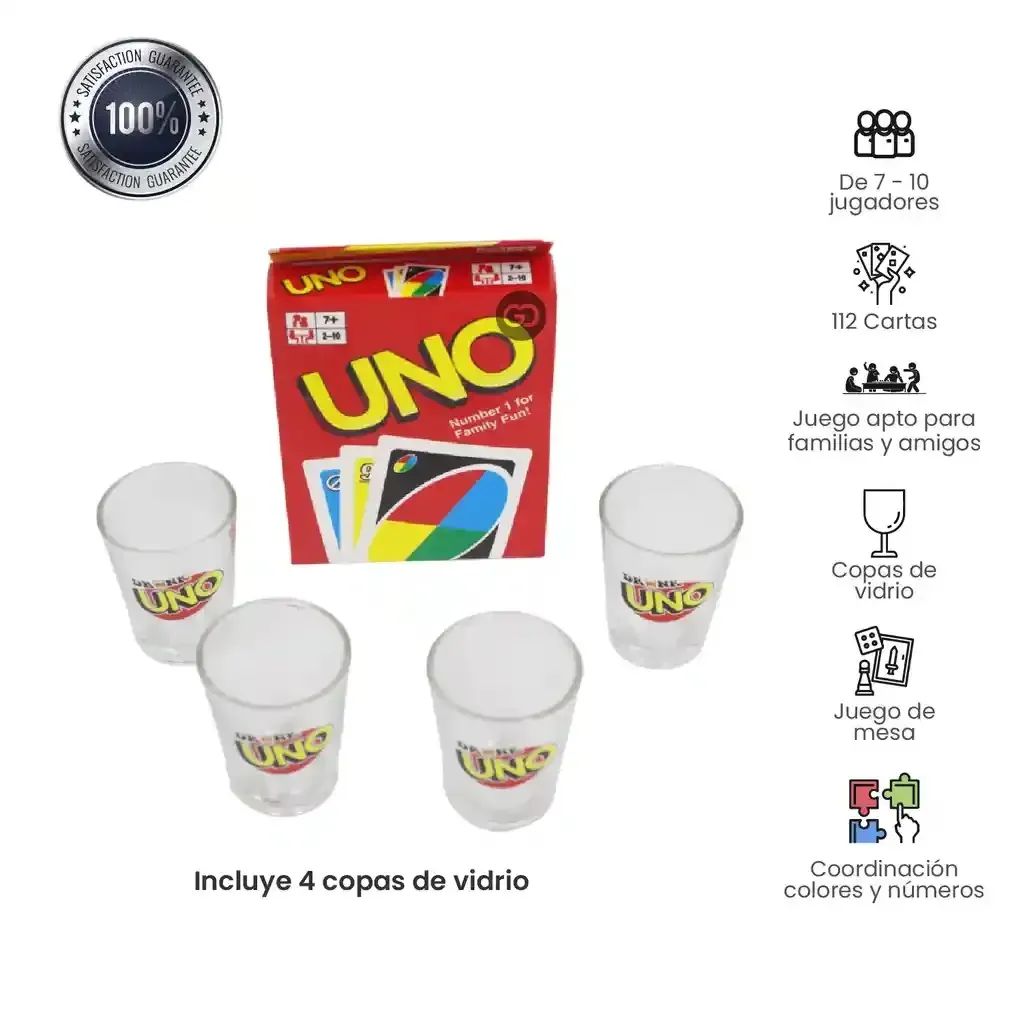 Juego De Cartas Uno Drink + 4 Vasos Para Shot