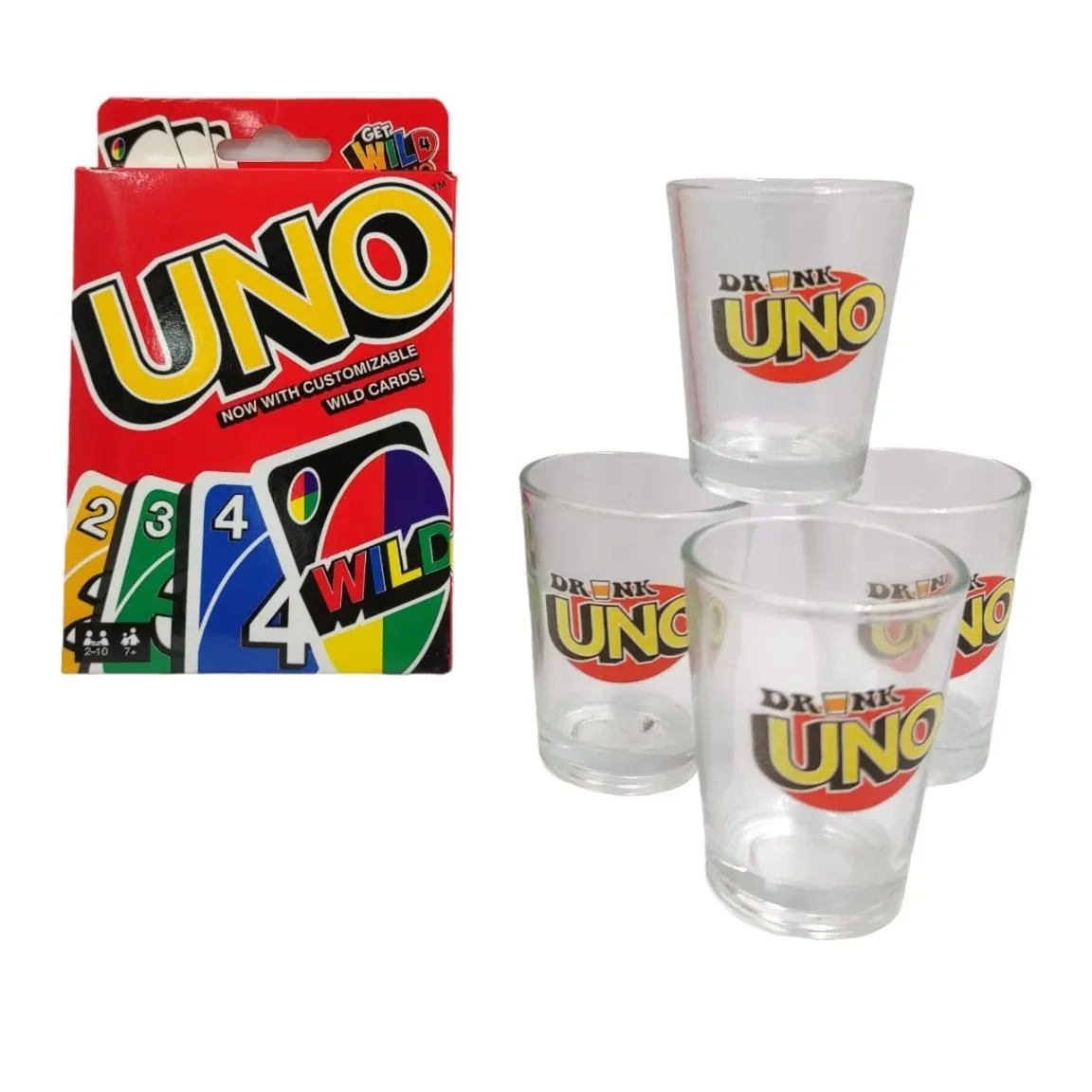 Juego De Cartas Uno Drink + 4 Vasos Para Shot