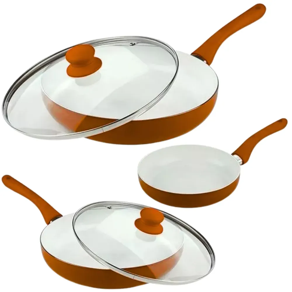 Juego De Sartenes 5 Piezas Ceramic Naranja Con Tapa De Vidrio