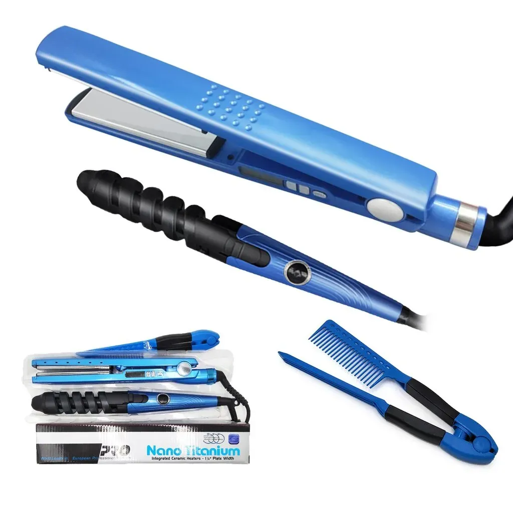 Combo Nano Titanium Plancha Peine Y Rizador Color Azul