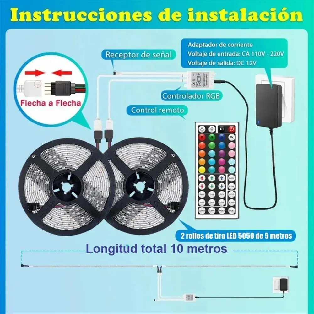 Cinta De Luz Led 10 Metros Rgb Control Remoto Adaptador 12V