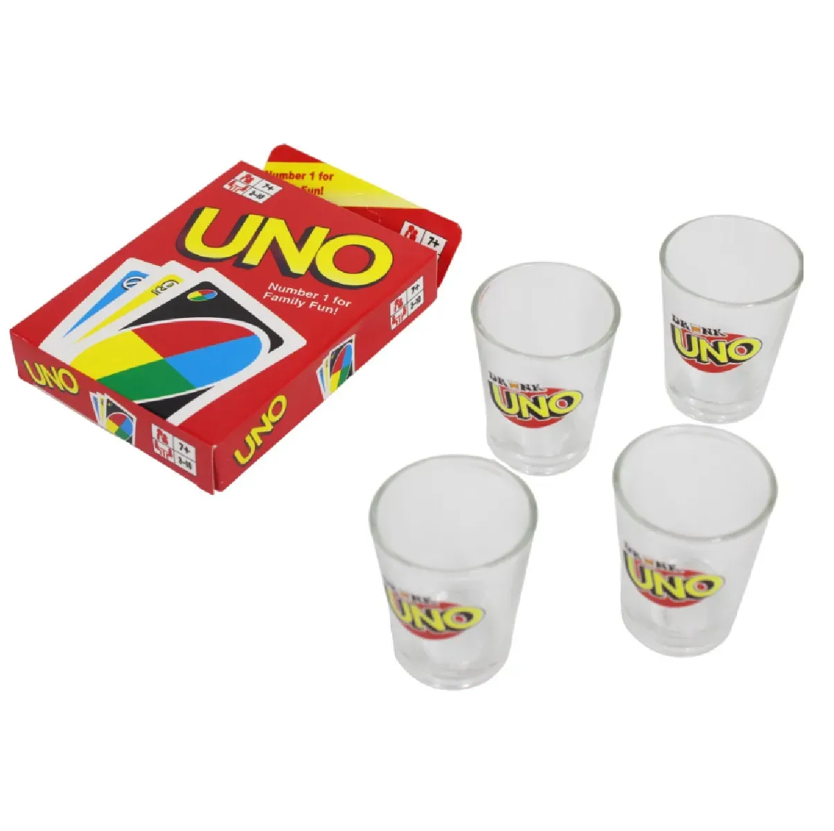 Juego De Cartas Uno Drink + 4 Vasos Para Shot