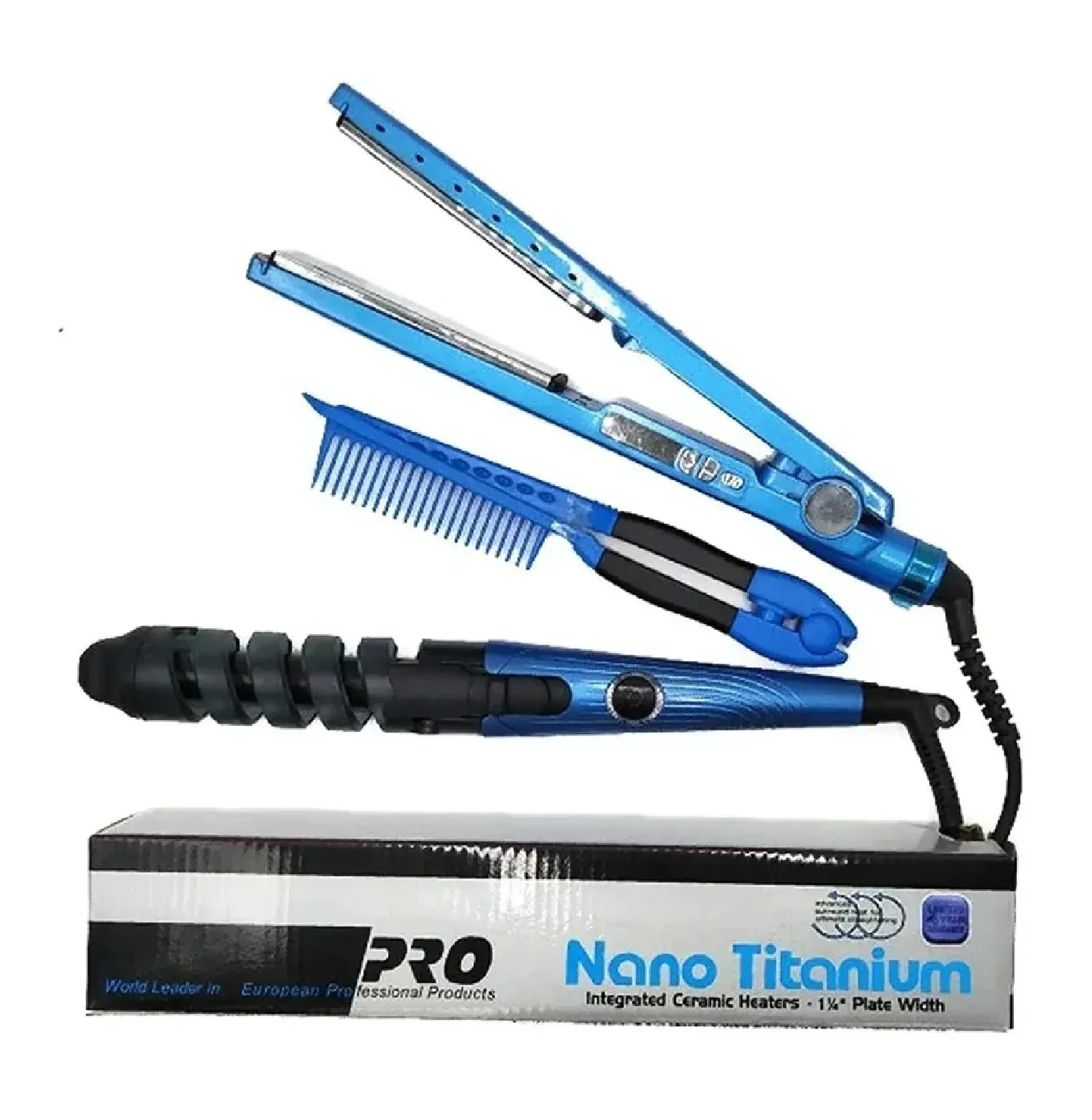 Combo Nano Titanium Plancha Peine Y Rizador Color Azul