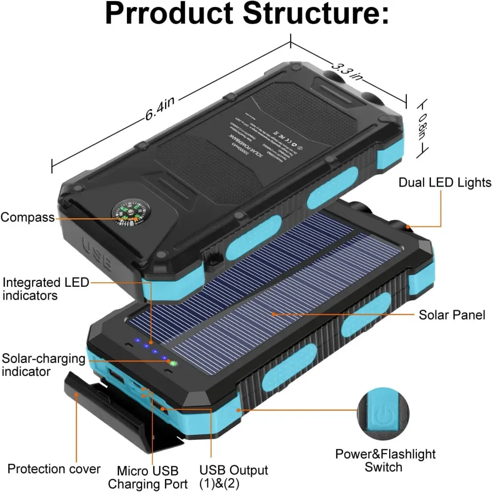 Power Bank Solar 20000mah Con Linterna Y Brujula Usb Tipo