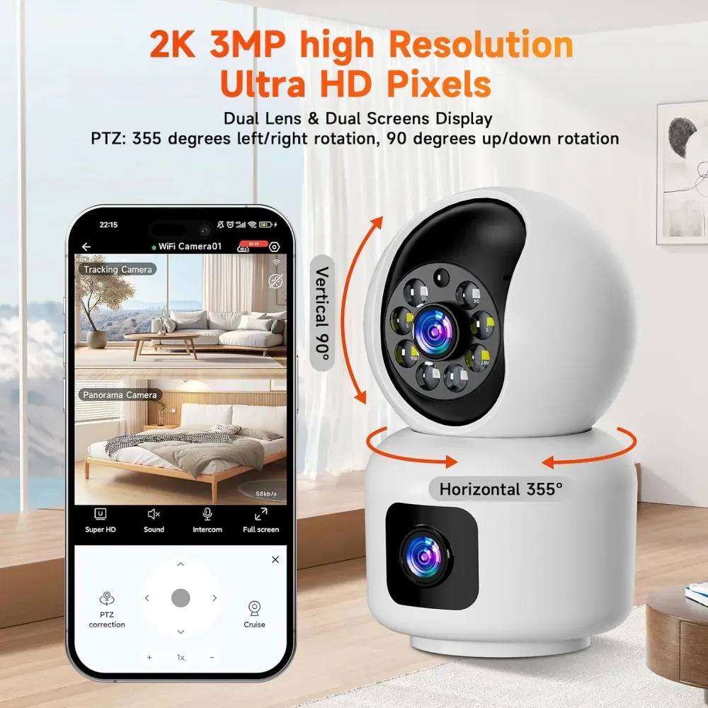 Camara De Seguridad Wifi Ip Doble Lente Robotica App Icsee