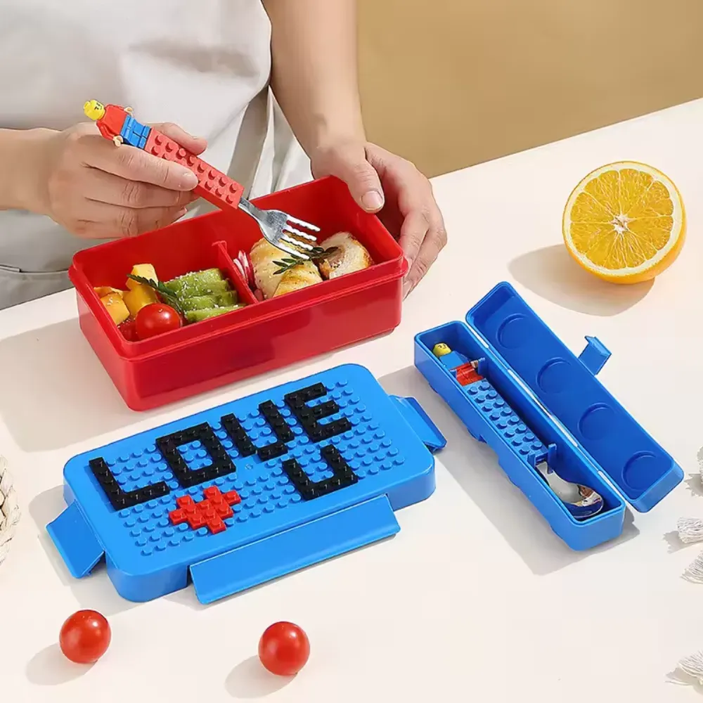 Lonchera Para Niños Tipo Lego Con Cubiertos Figuras Y Funda