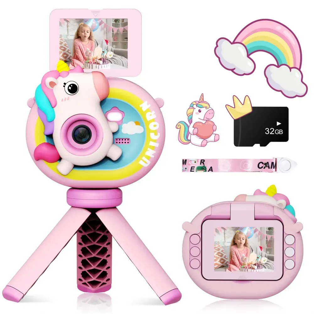 Camara Digital Lente Abatible Selfie Para Niños Sd32 Tripode 