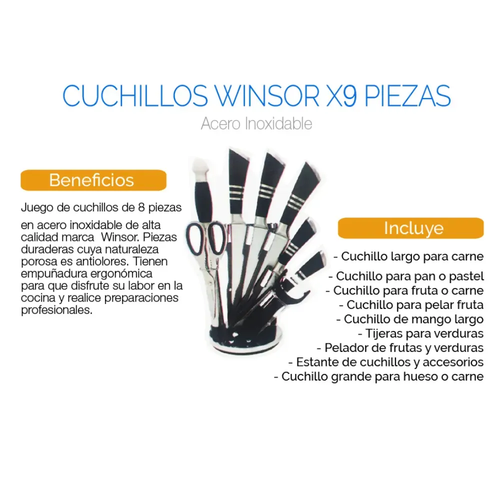 Juego De Cuchillos Winsor En Acero Inoxidable X9 Pcs