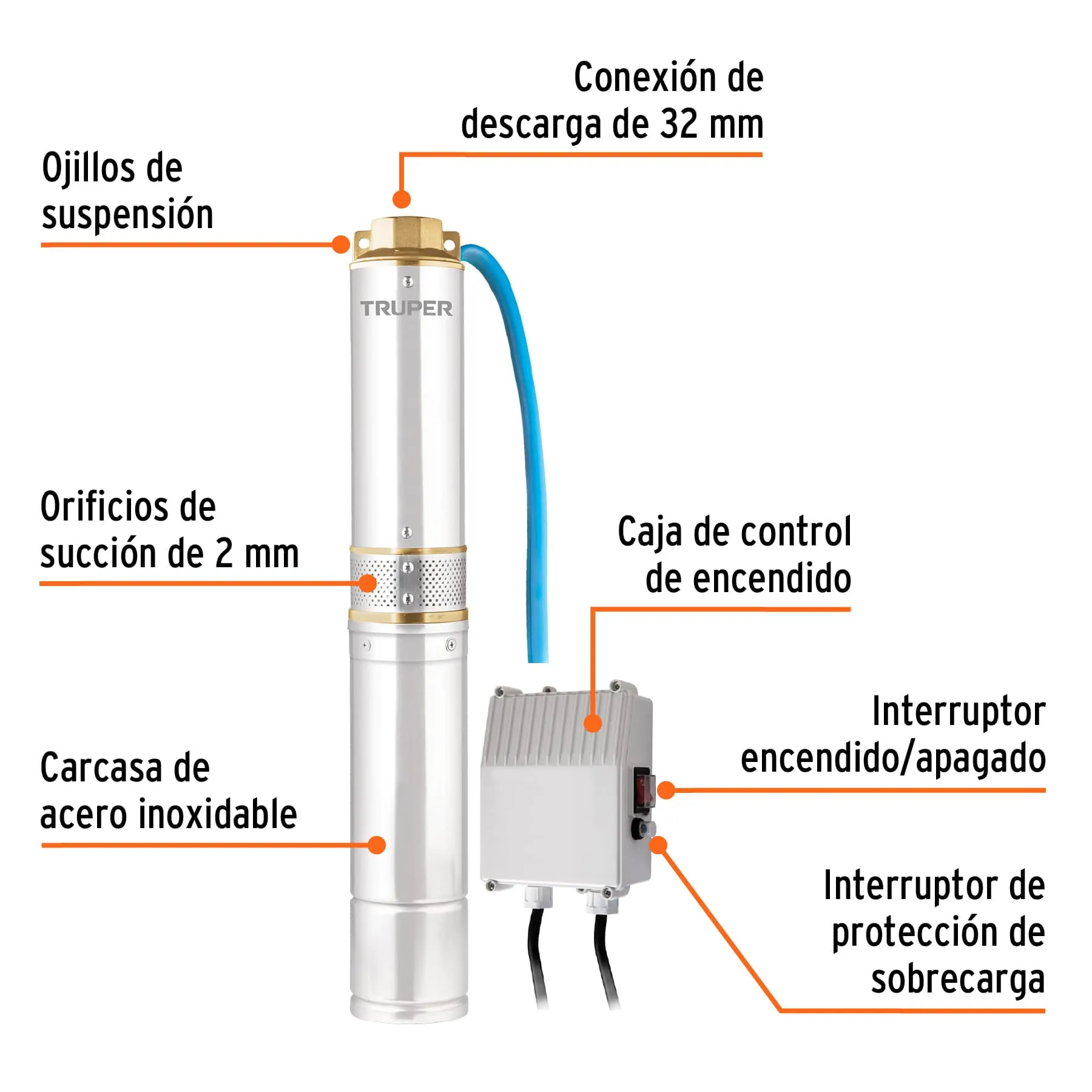 Bomba Sumergible, Tipo Bala, 1/2 Hp, Agua Limpia, Truper