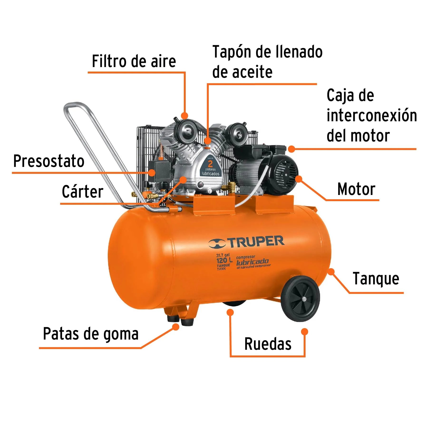 Compresor De Aire,Con Banda,Horizontal 120L 4Hp, 220V Truper