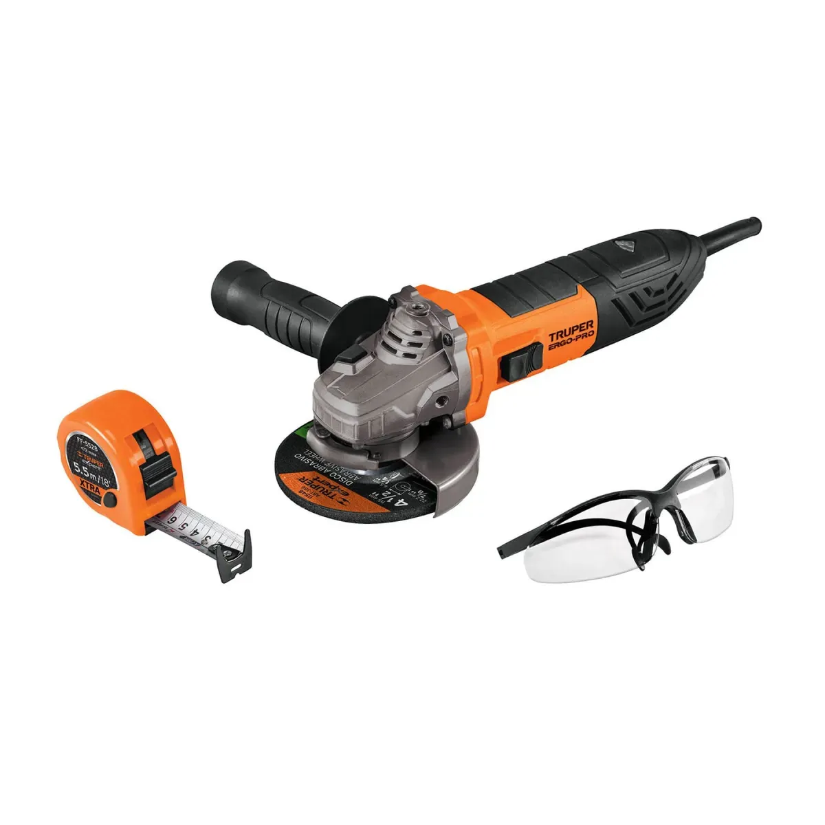 Combo Pulidora 4-1/2", 850W Ergo-Pro, Lentes y Flexómetro, Truper