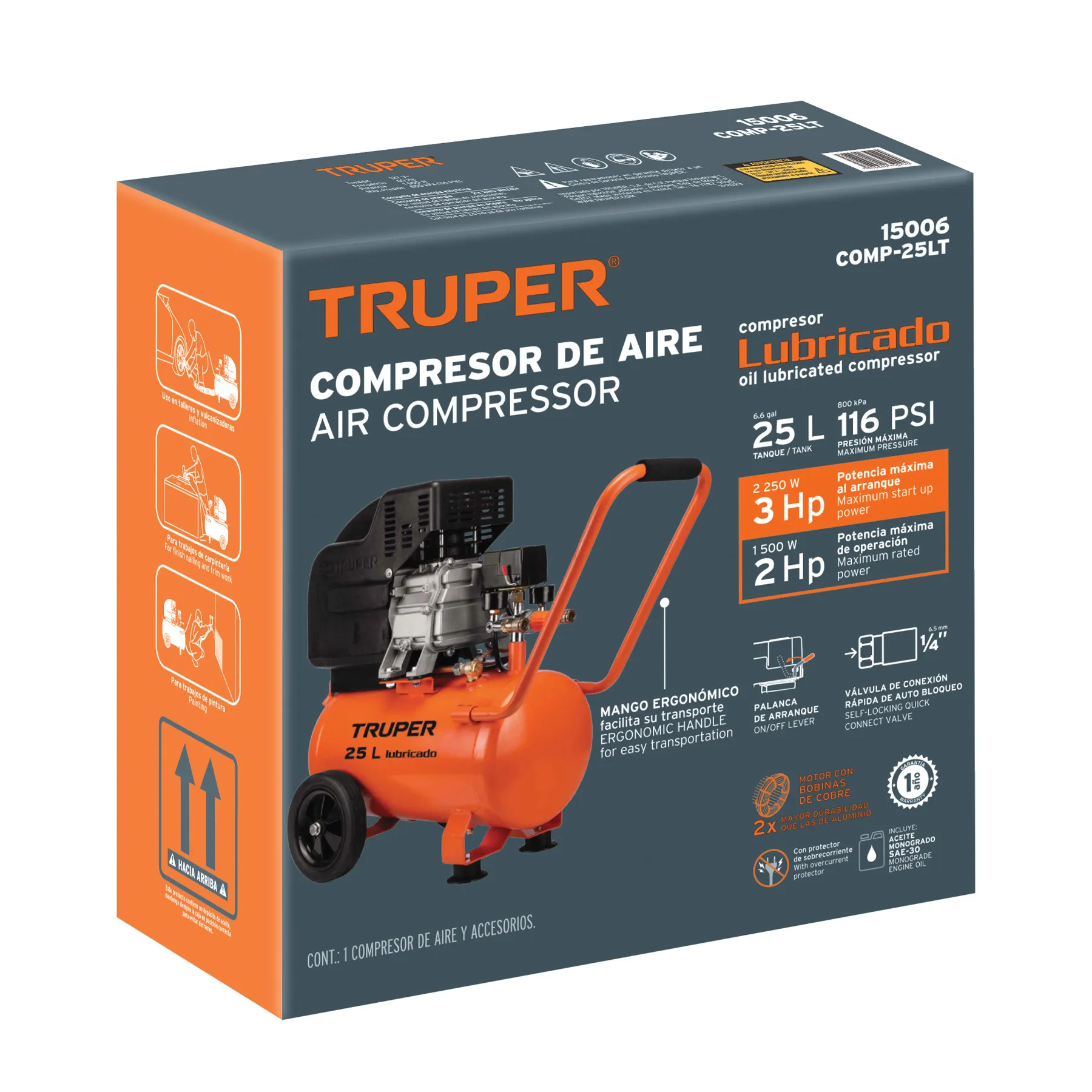 Compresor De Aire, Lubricado, Horizontal 25L 3Hp 127V Truper