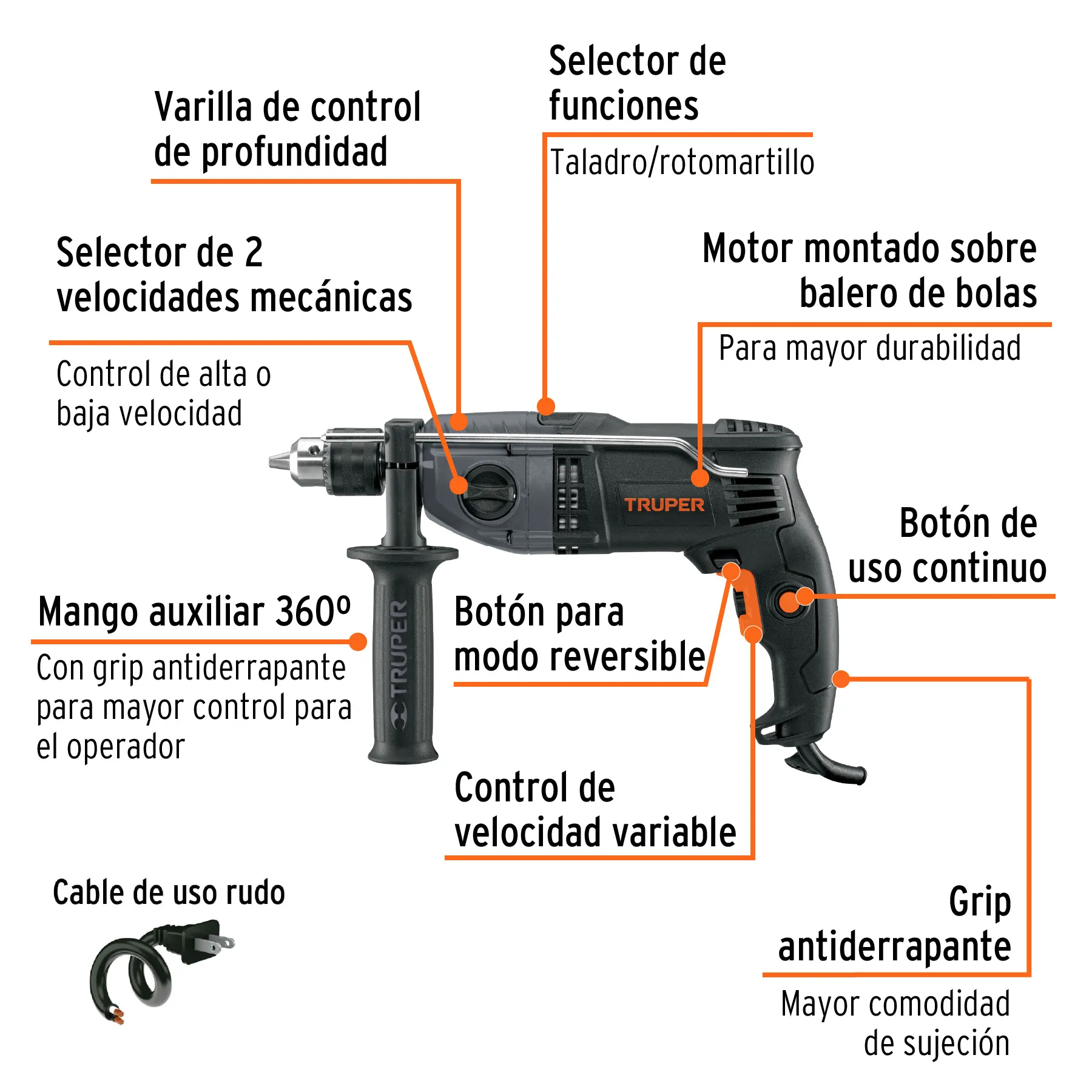 Taladro Rotomartillo 1/2", 900W,  Industrial Truper