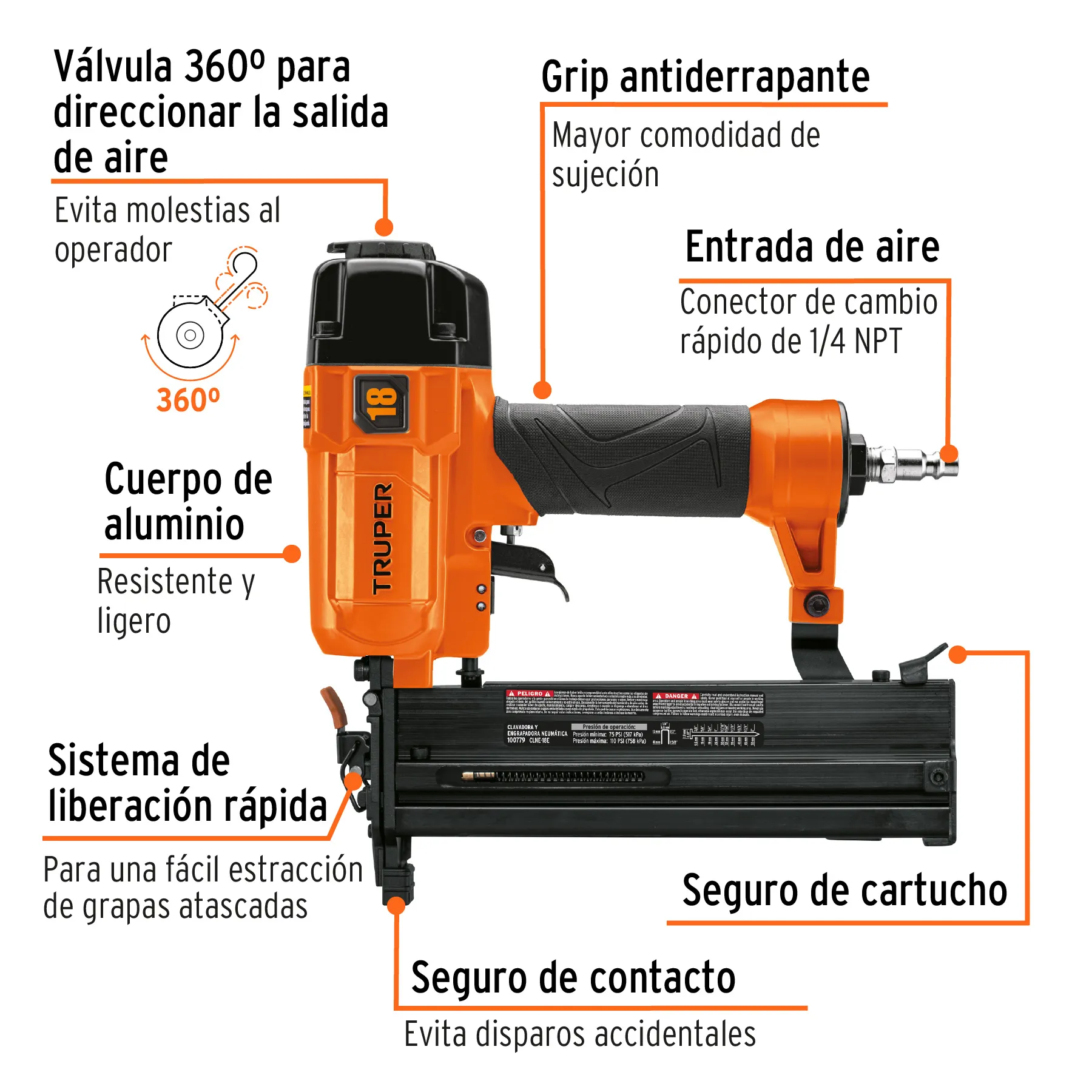 Clavadora Y Engrapadora Neumática Profesional, Calibre 18, Truper