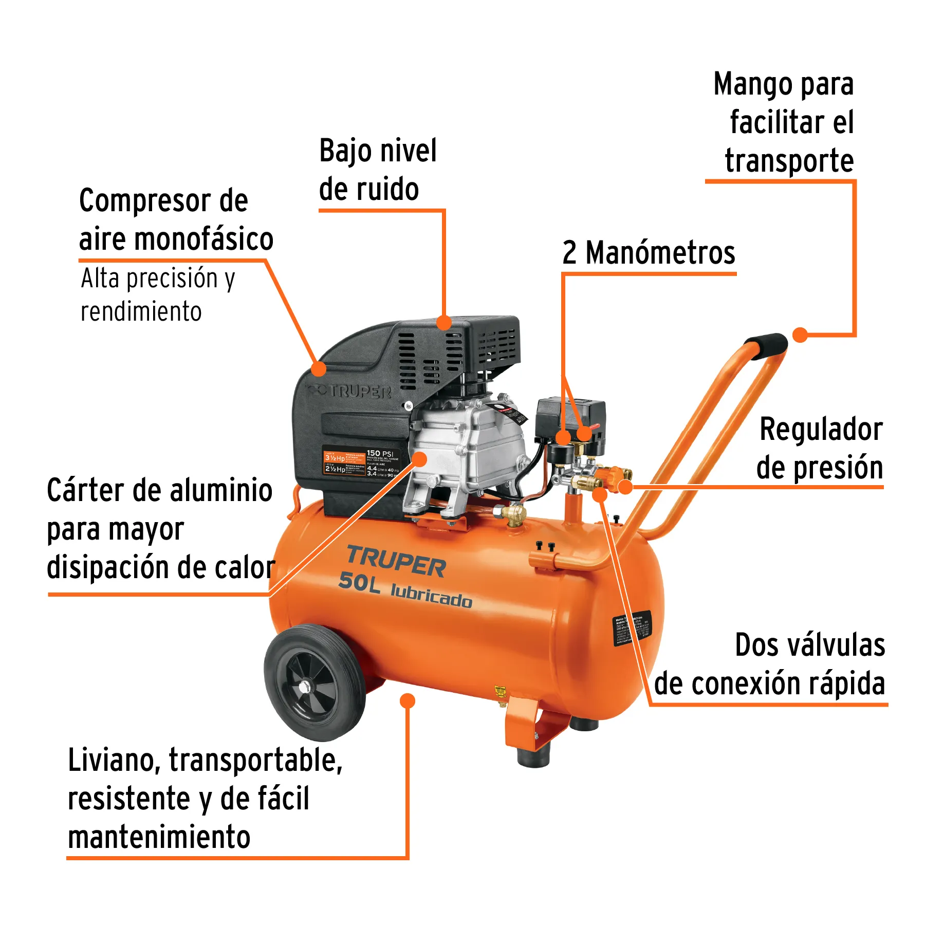 Compresor De Aire, Lubricado,Horizontal 50L 3½Hp 127V Truper