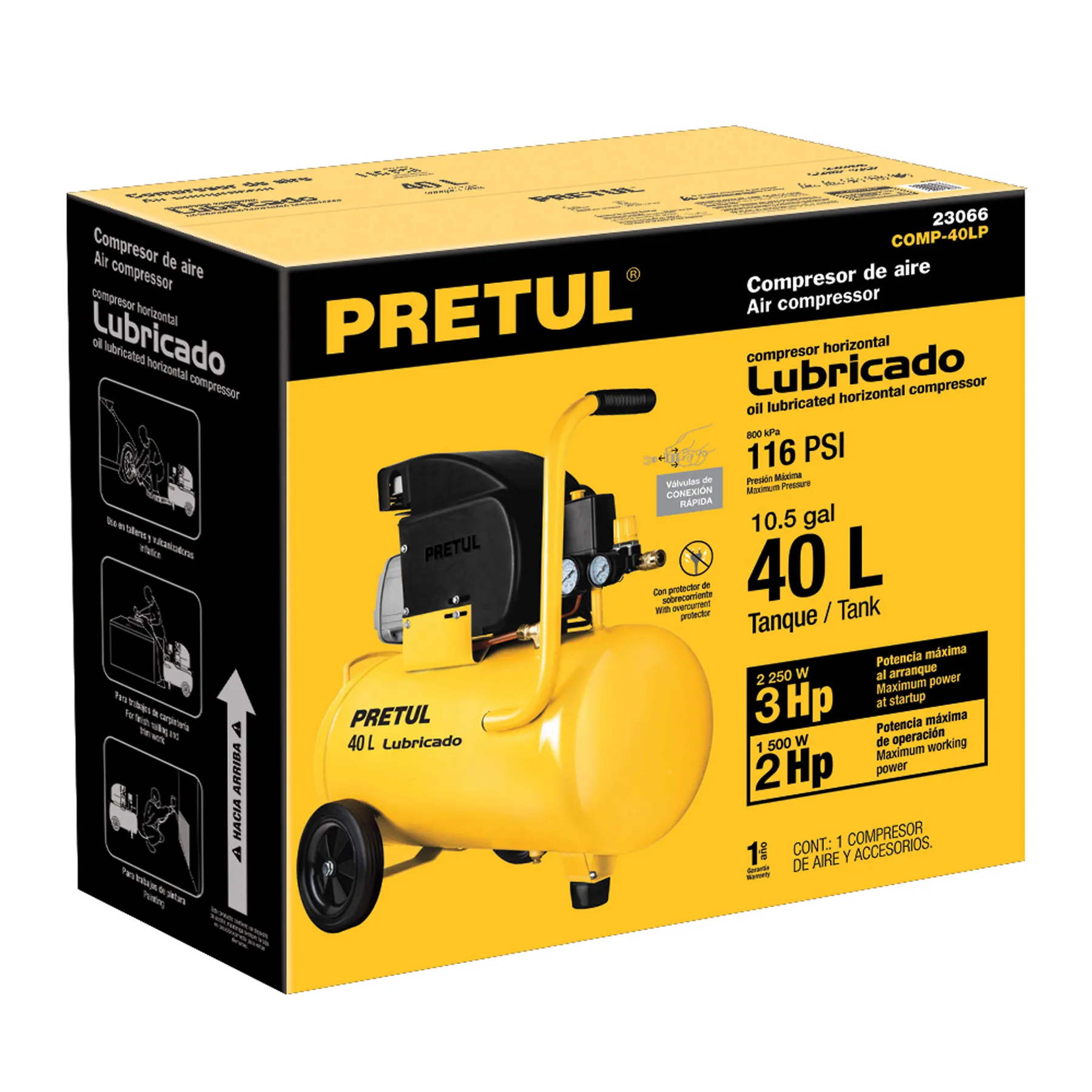 Compresor De Aire, Lubricado, Horizontal 40L 3Hp 127V Pretul