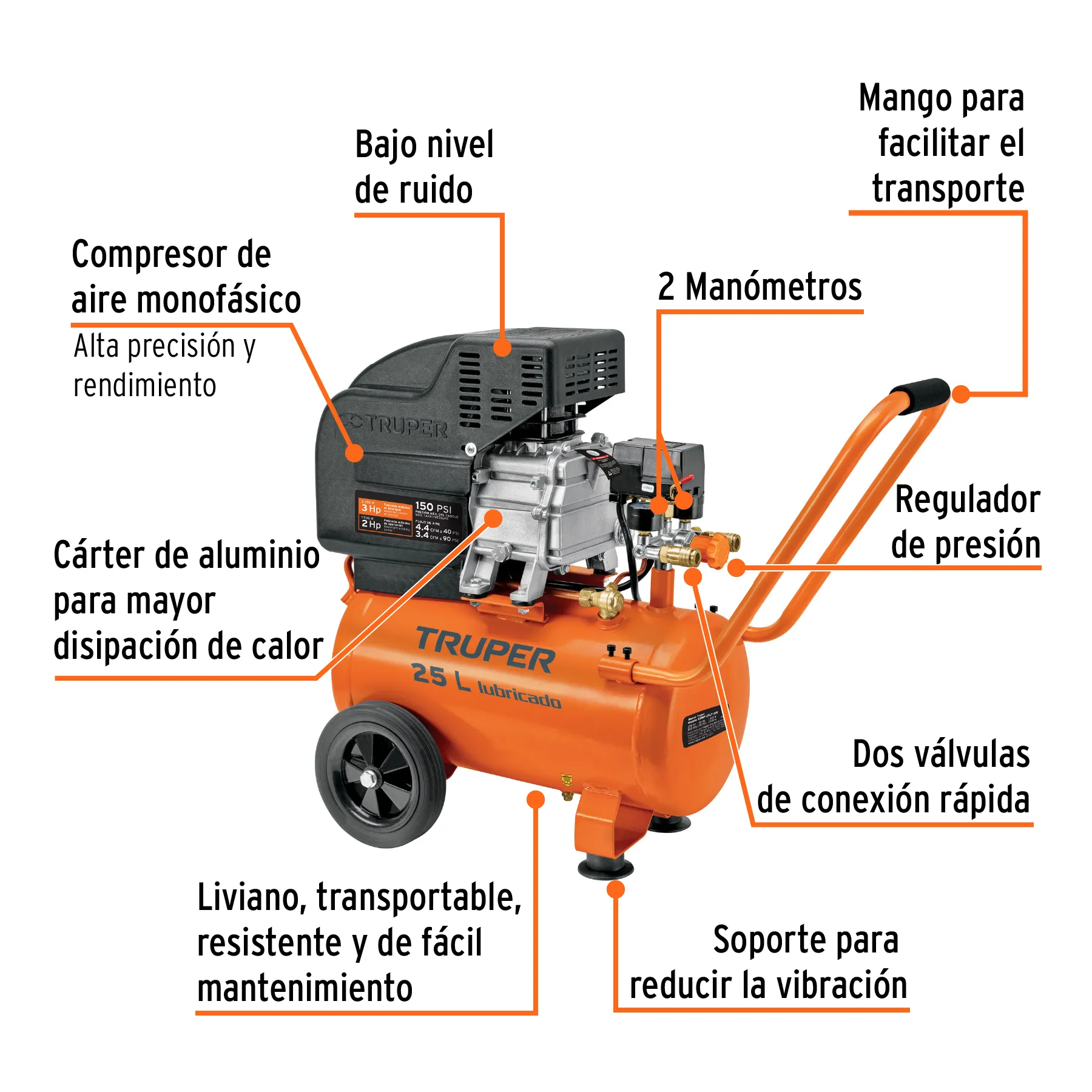 Compresor De Aire, Lubricado, Horizontal 25L 3Hp 127V Truper