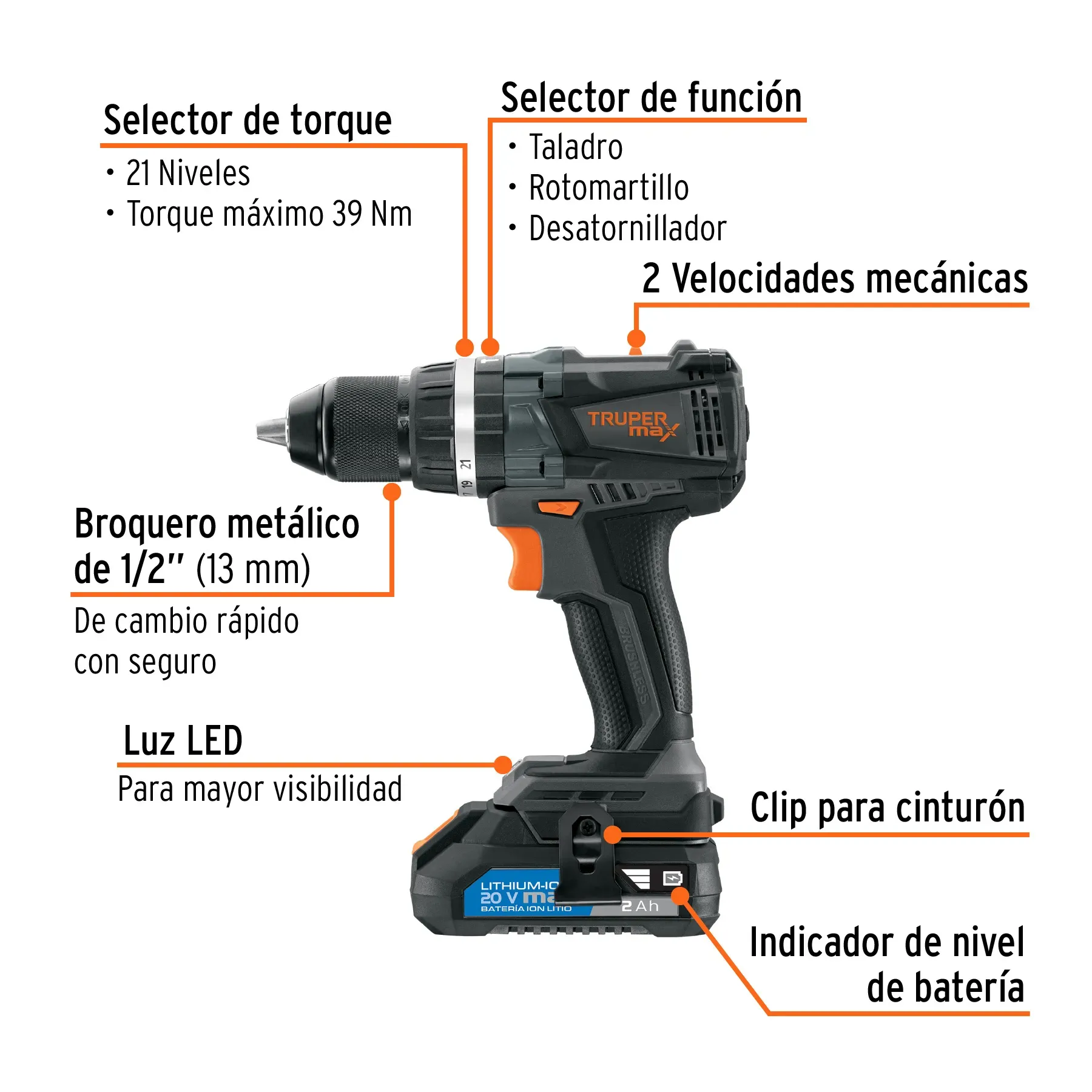 Taladro Percutor Inalámbrico Libre De Escobillas 1/2", 20V, Truper Max