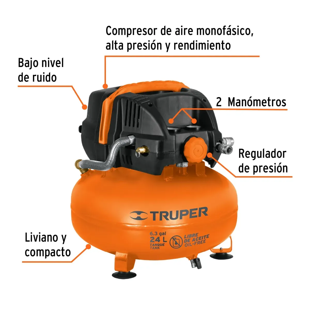 Compresor de Aire Libre de Aceite, 24L ,2-2/3HP, Truper