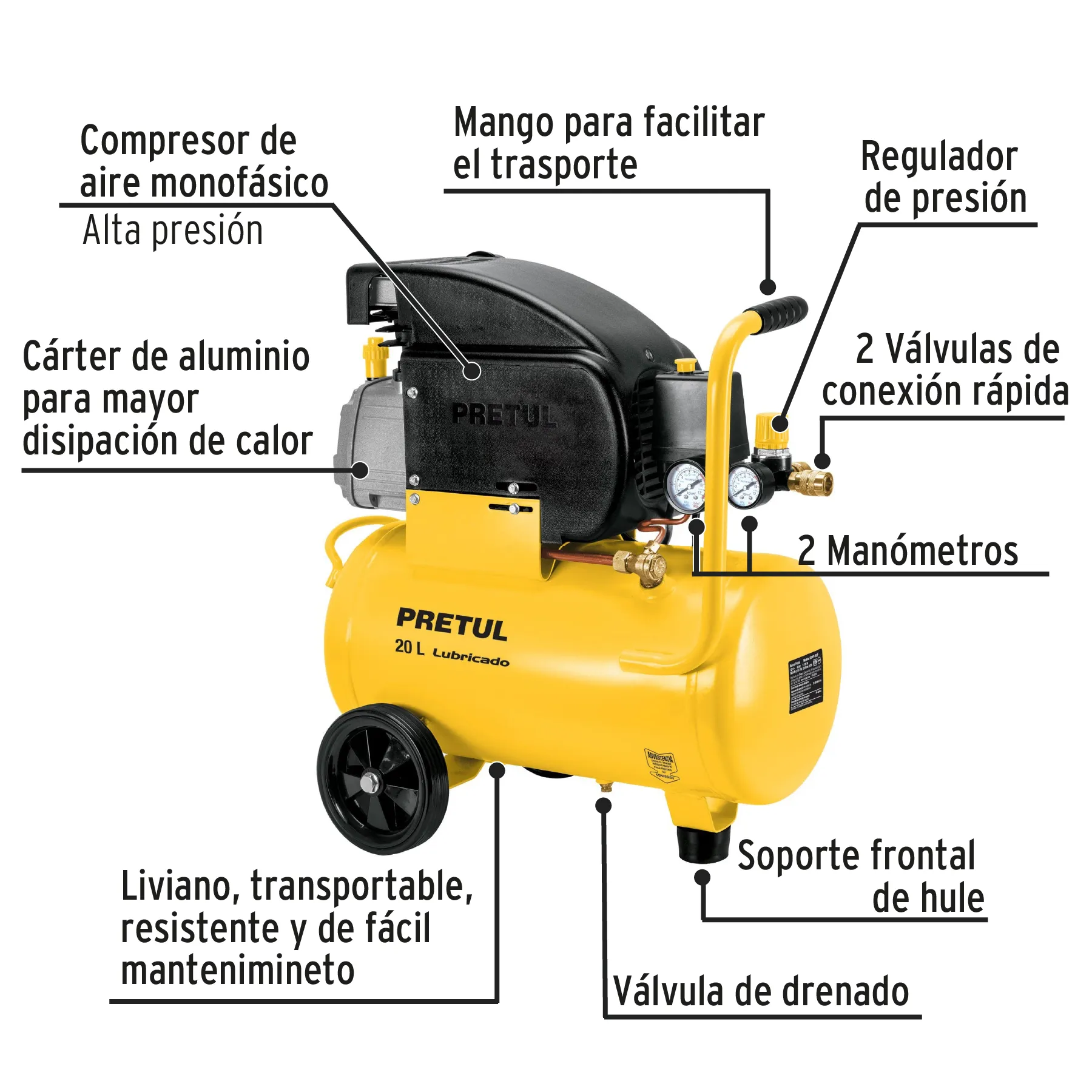 Compresor De Aire, Lubricado,Horizontal 20L 2½Hp 127V Pretul