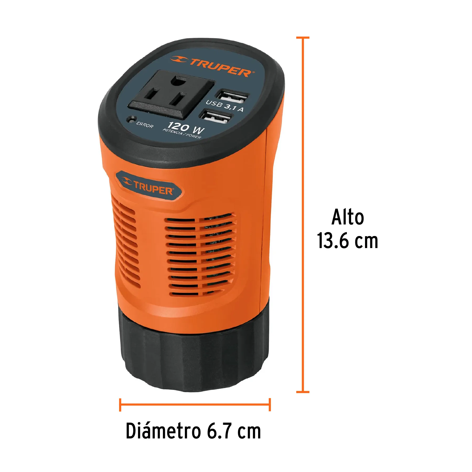 Inversor De Corriente 120 W Tipo Vaso, 2 Puertos Usb, Truper