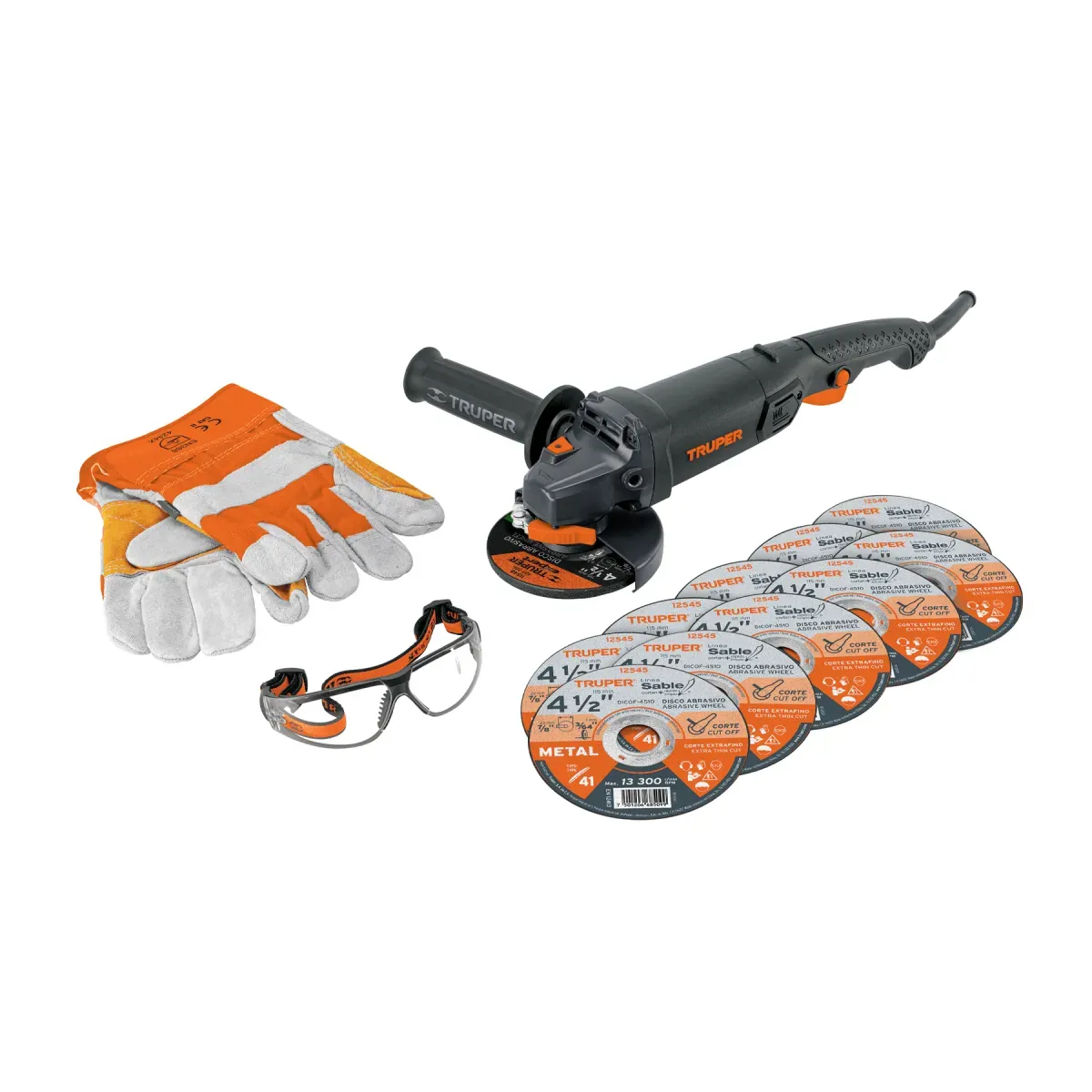 Combo Pulidora 4-1/2",950W, Discos, Lentes y Guantes, Truper Industrial