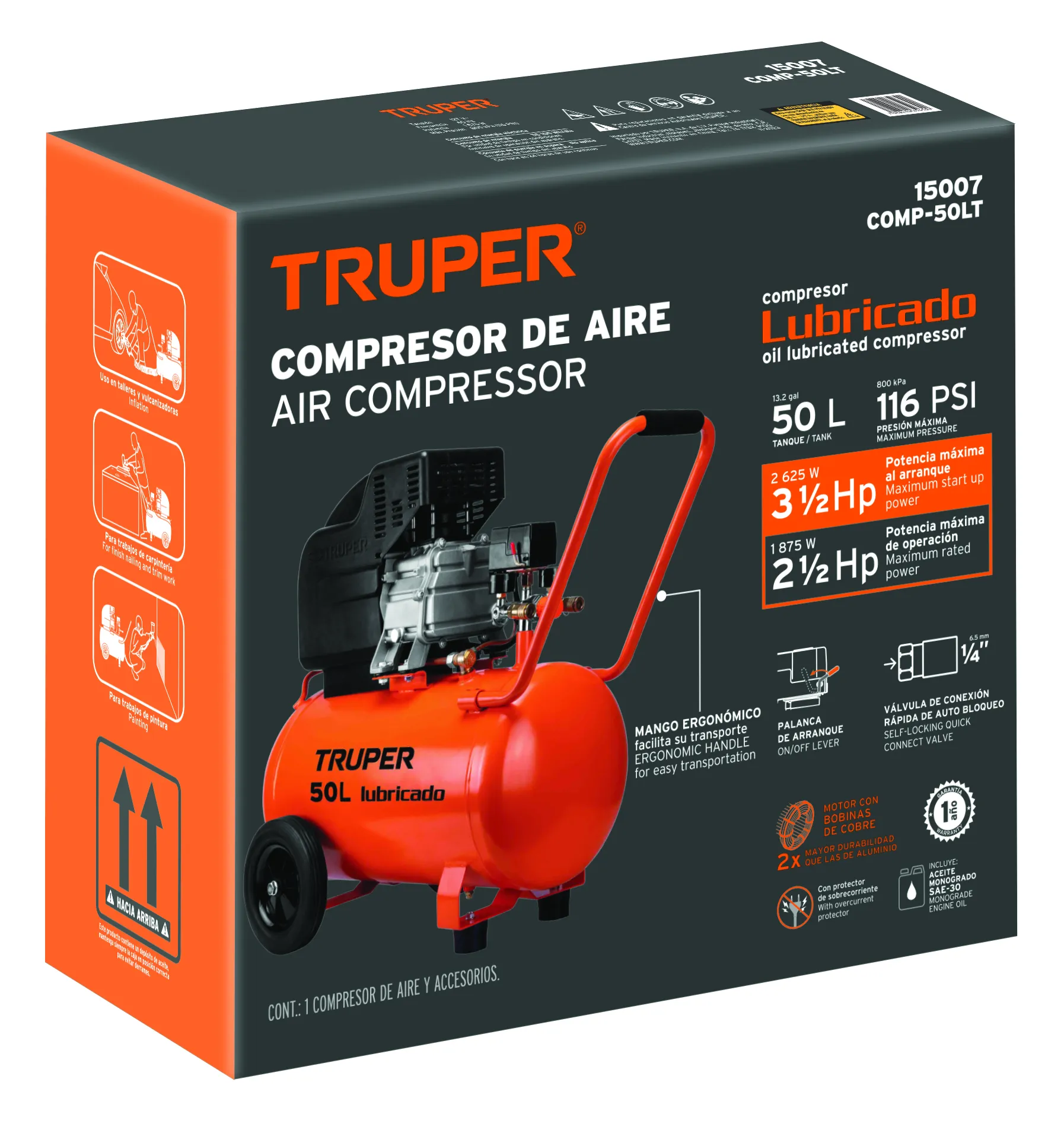 Compresor De Aire, Lubricado,Horizontal 50L 3½Hp 127V Truper