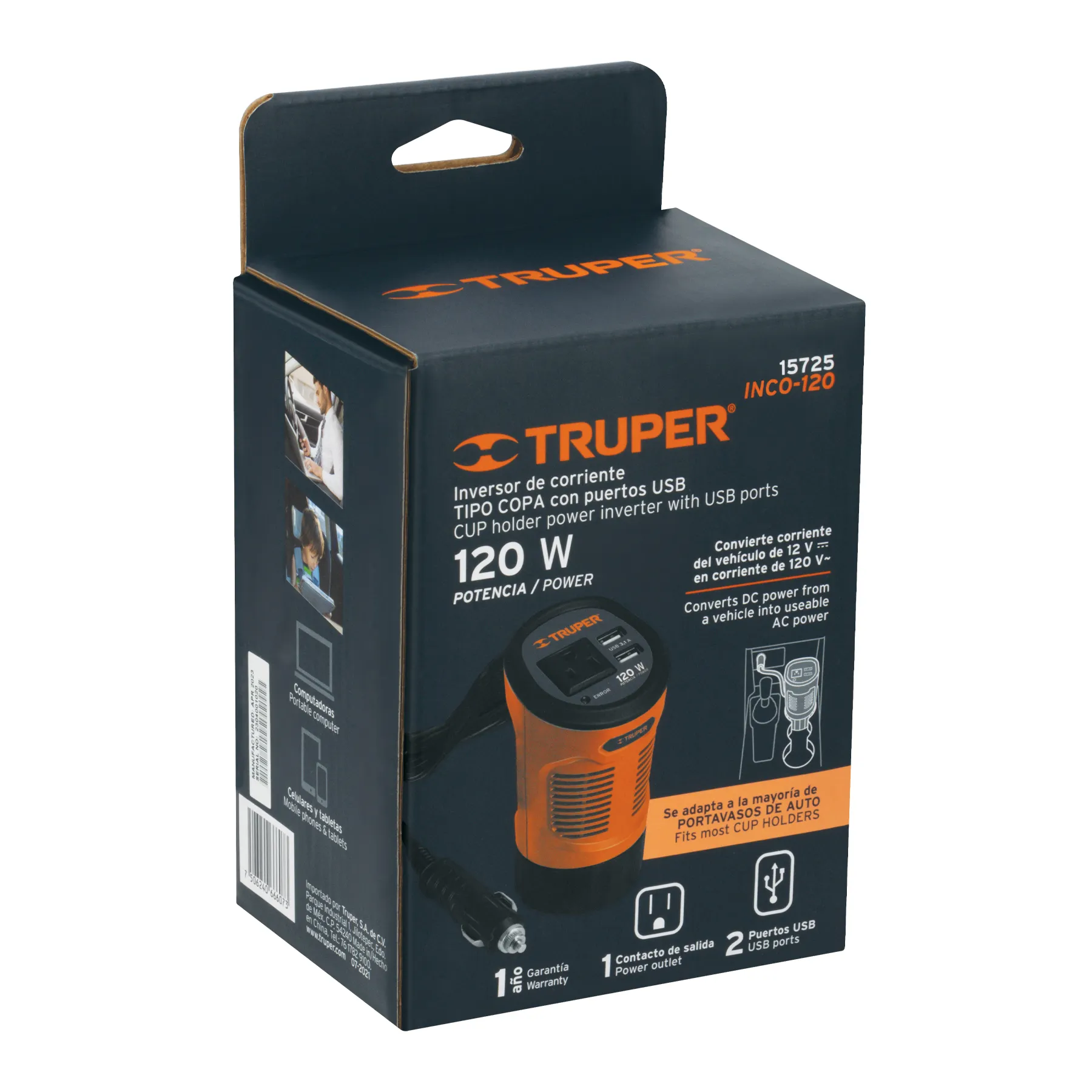 Inversor De Corriente 120 W Tipo Vaso, 2 Puertos Usb, Truper