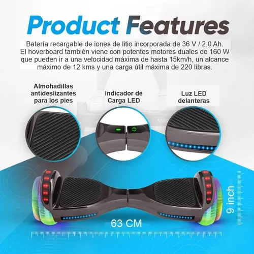 Malumeta Eléctrica Scooter Hoverboard Bluetooth Led 9 Inch