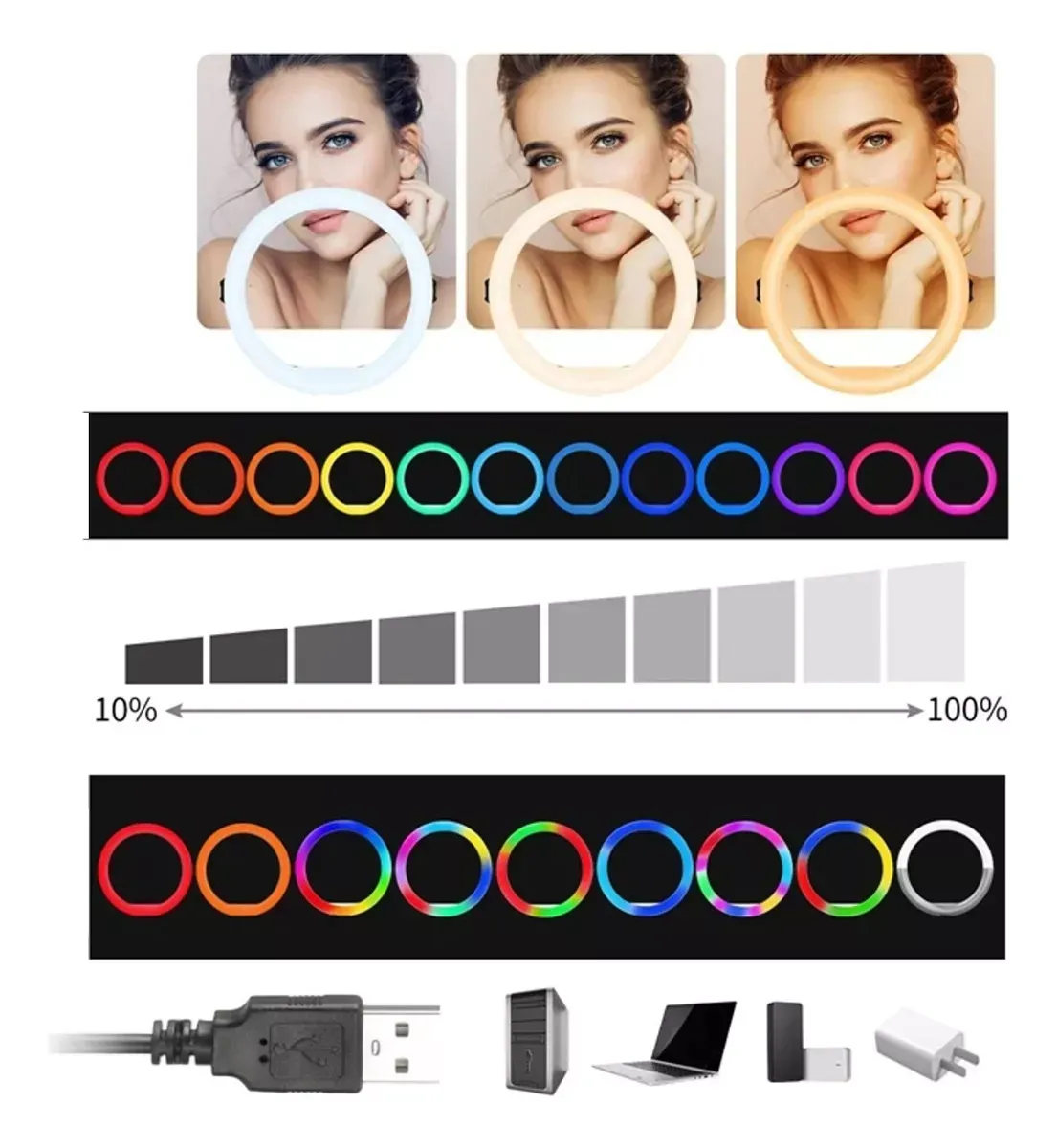 Aro De Luz Led Rgb 26 Cm + Trípode 2 Mt + Control Bluetooth Estructura 