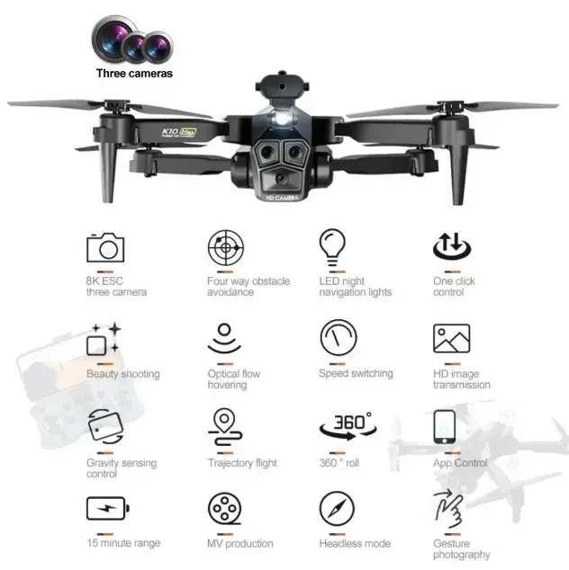 Dron K10 Max 3 Cámaras 4k Hd Sensor De Obstáculos