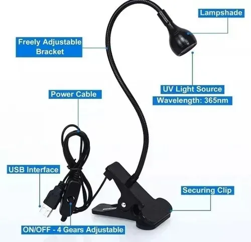  Lampara Uv Led  Brazo Flexible Y Clip Color Negra