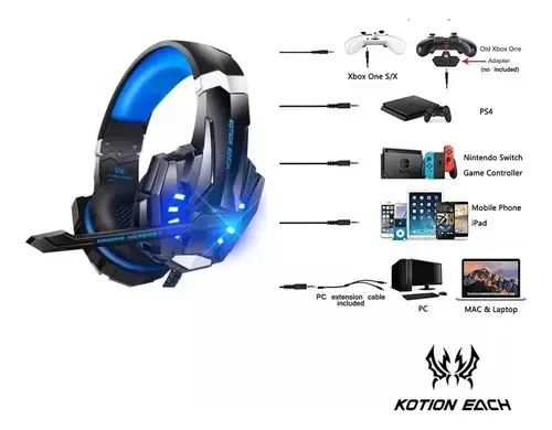 Audífonos Gamer Kotion  G9000 Black Y Blue Con Luz Led 