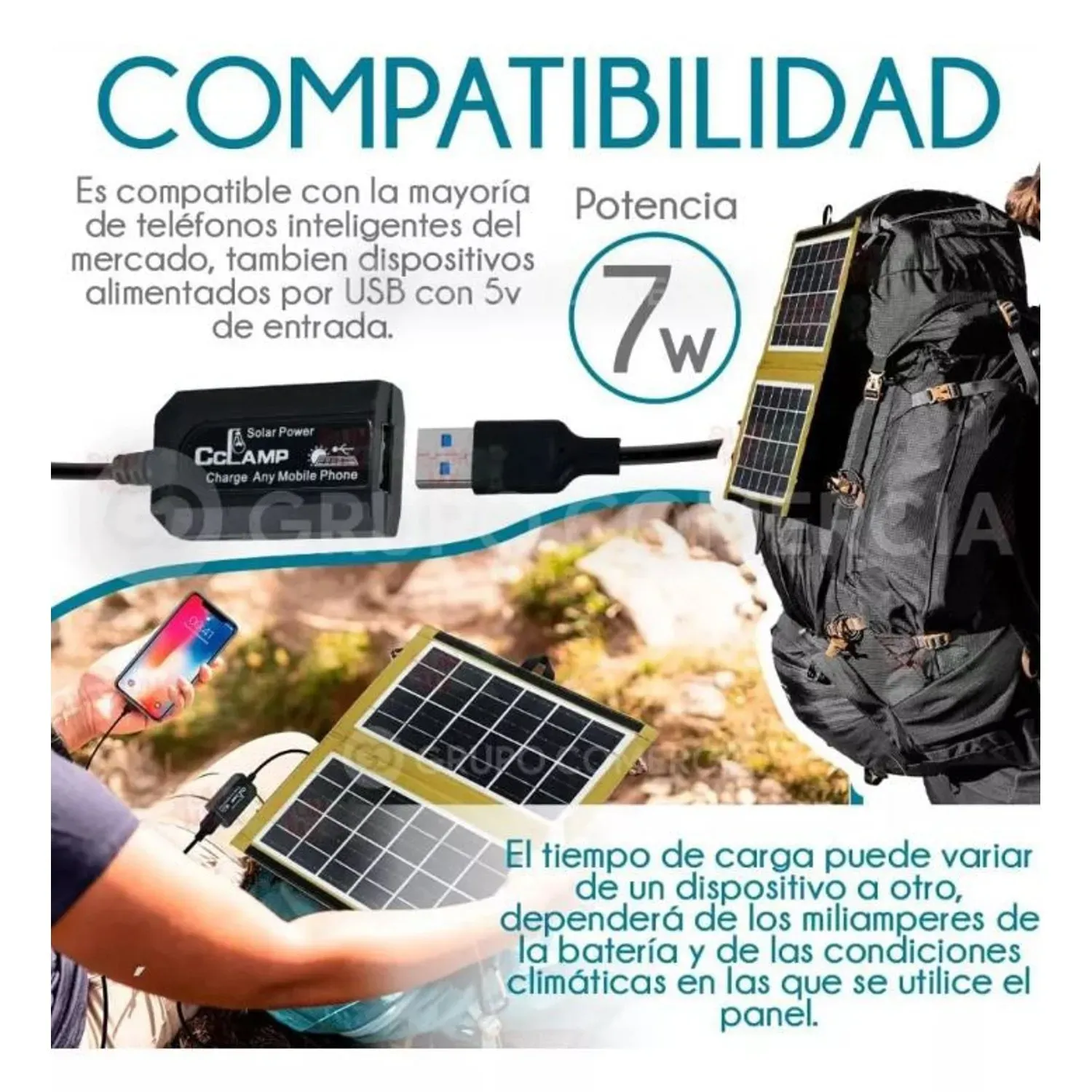 Panel Solar Portatil Camping Exterior 6v 7w Puerto Usb