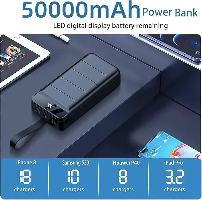 Bateria Power Bank Externa Portatil USB-C 18W Led 50.000 mAh