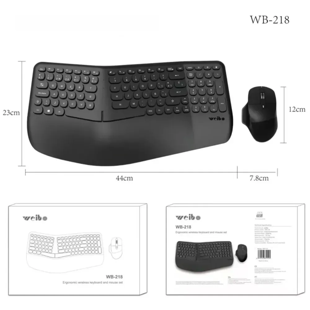 Combo Teclado Y Mouse Ergonomicos Inalambricos Negro Weibo Wb-218 