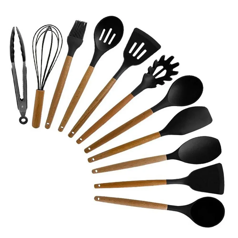 Set 12 Utensilios Cocina Esenciales Silicona Resistentes Calor Negro