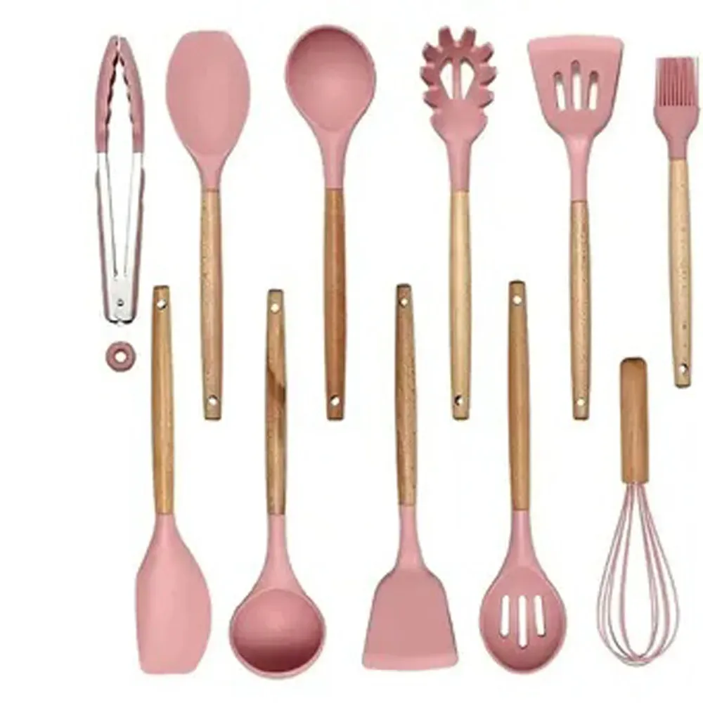 Set 12 Utensilios Cocina Esenciales Silicona Resistentes Calor Rosa