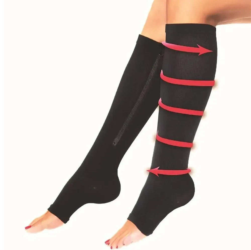 Medias Compresion Anti Varices Nylon Cremallera Circulacion Negra Zip Sox L/XL