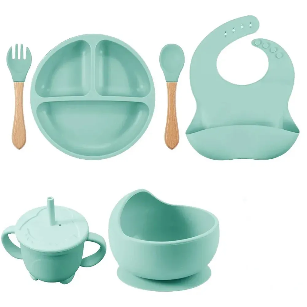 Set Vajilla Silicona Alimento Bebe 6en1 Plato Vaso Cuchara Babero Verde Agua