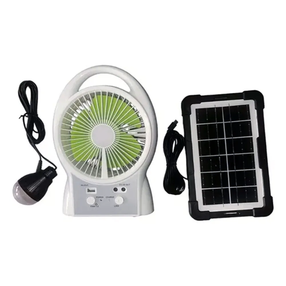 Mini Ventilador Recargable Panel Solar 6 in Bombillo Aspas Verdes