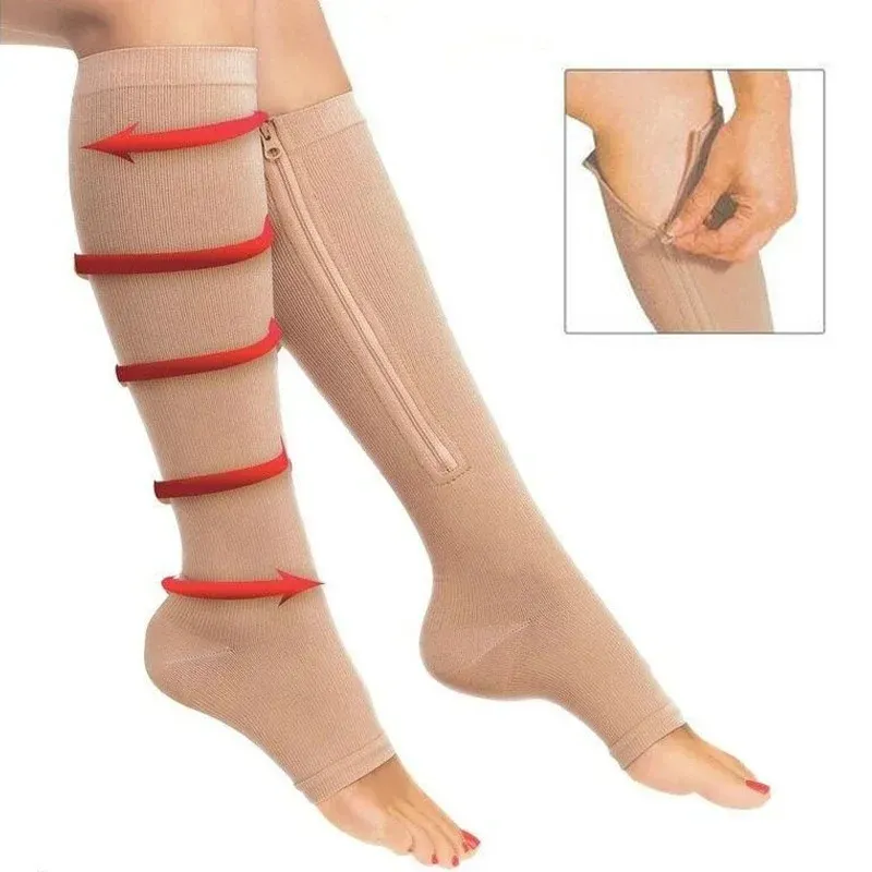 Medias Compresion Anti Varices Nylon Cremallera Circulacion Beige Zip Sox S/M