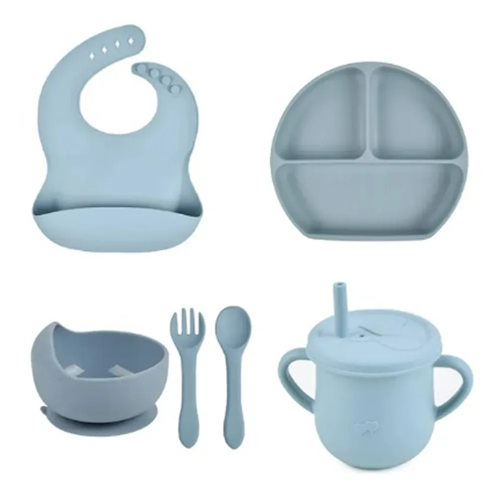 Set Vajilla Silicona Alimento Bebe 6en1 Plato Vaso Cuchara Babero Azul