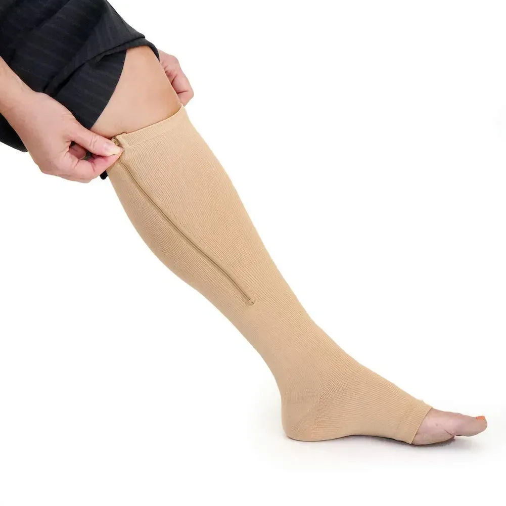 Medias Compresion Anti Varices Nylon Cremallera Circulacion Beige Zip Sox S/M