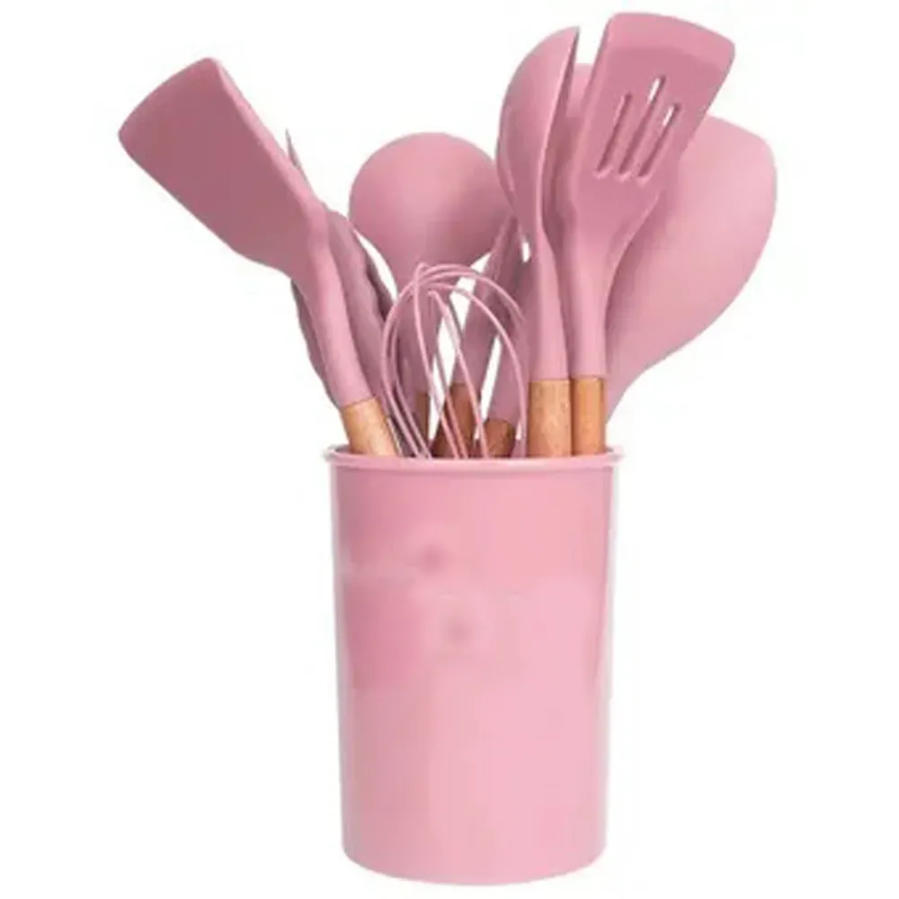 Set 12 Utensilios Cocina Esenciales Silicona Resistentes Calor Rosa