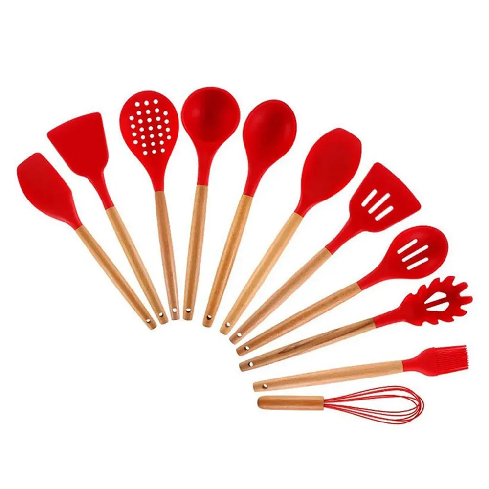 Set 12 Utensilios Cocina Esenciales Silicona Resistentes Calor Rojo